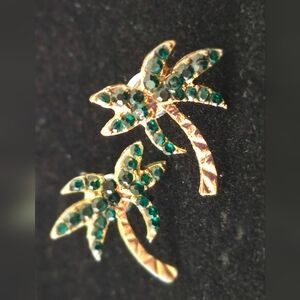 Goldtone Palm Tree Earrings with Green Crystals